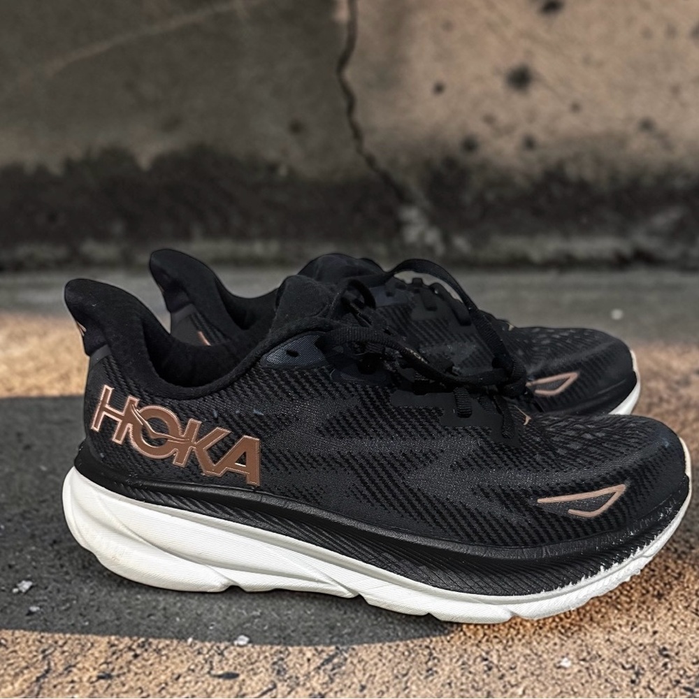 Hoka Black and Gold Running Shoes